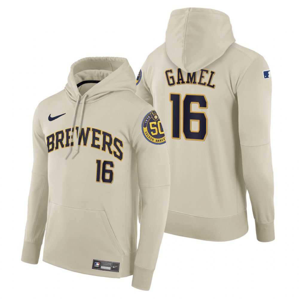 Men Milwaukee Brewers 16 Gamel cream home hoodie 2021 MLB Nike Jerseys